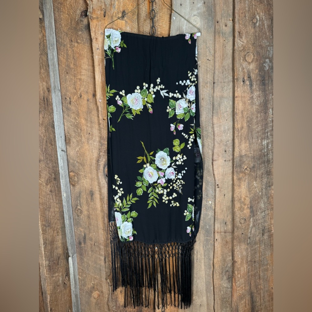 Floral Blac Wrap with Fringe